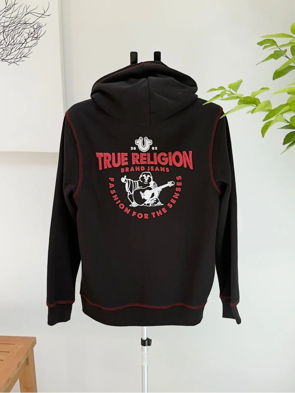 True Religion Black Zip Hoodie with Red Contrast Stitching